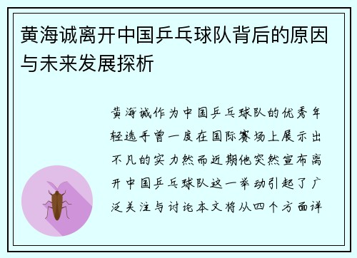 黄海诚离开中国乒乓球队背后的原因与未来发展探析 黄海诚离开中国乒乓球队背后的原因与未来发展探析